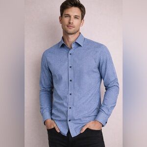 Con.struct Men's Blue Slim Fit Gingham 4- Way Stretch Button Down Shirt Size L